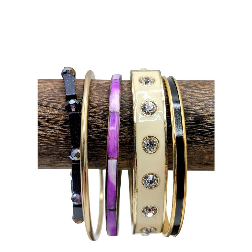 Lot of Four Purple Cream Black Theme Bangles & One Purple Stone Bead Bracelets